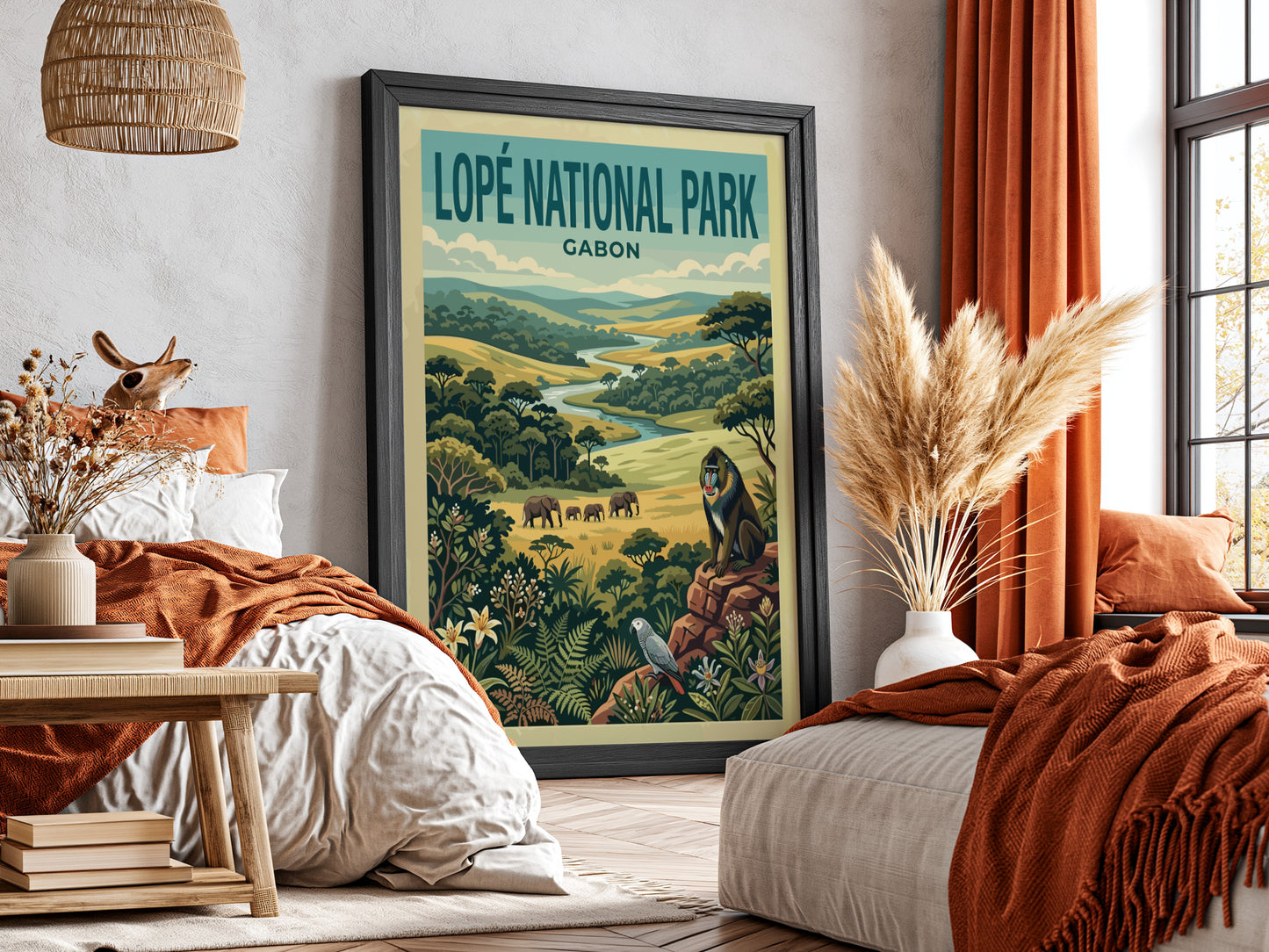 Lopé National Park poster featuring elephants, baboon, and lush greenery in vintage style