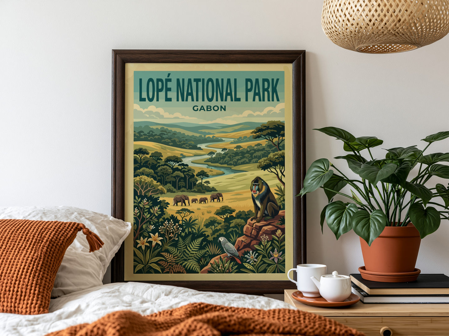 Lopé National Park poster featuring elephants, baboon, and lush greenery in vintage style
