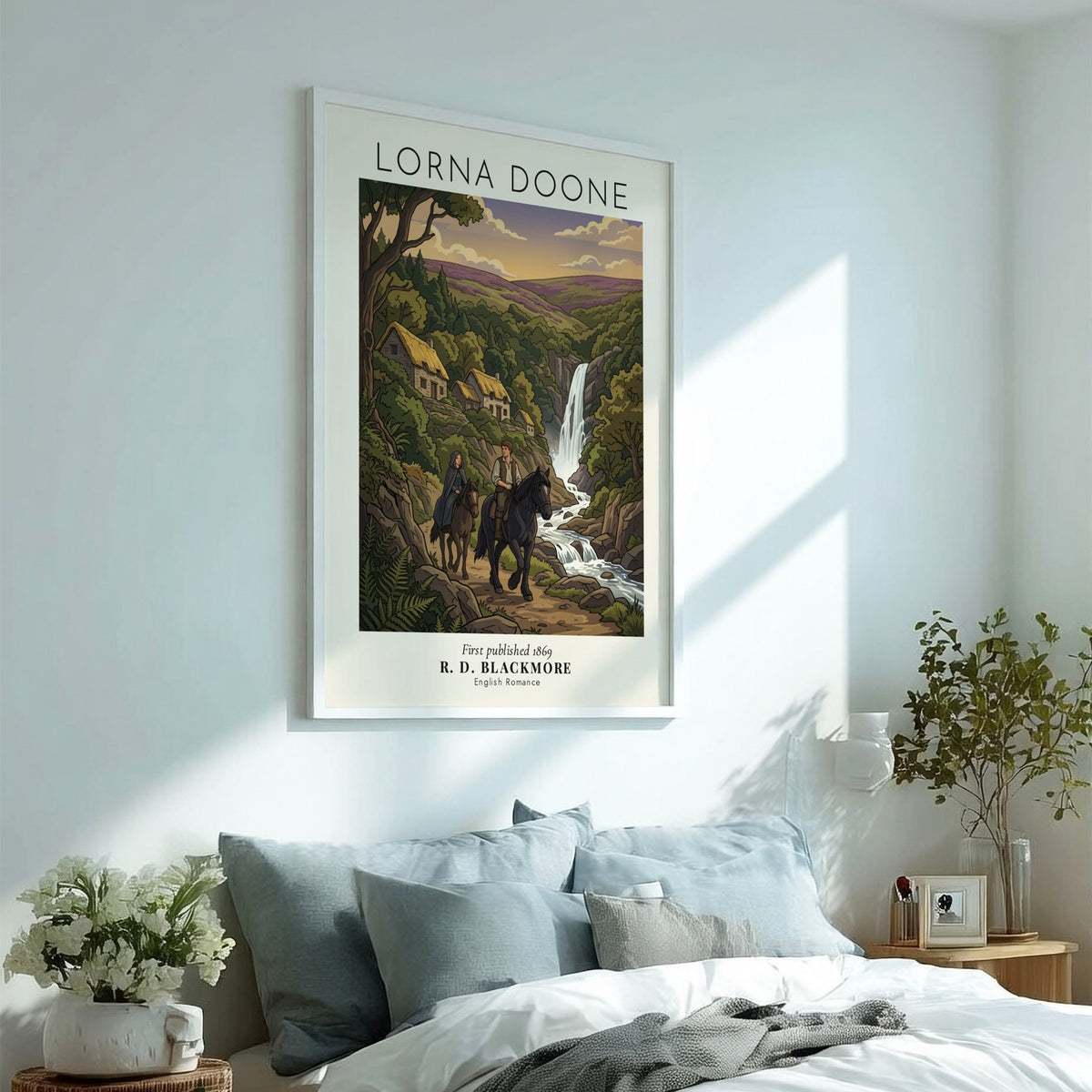 Poster featuring a man and woman riding horses past a waterfall and cottages.