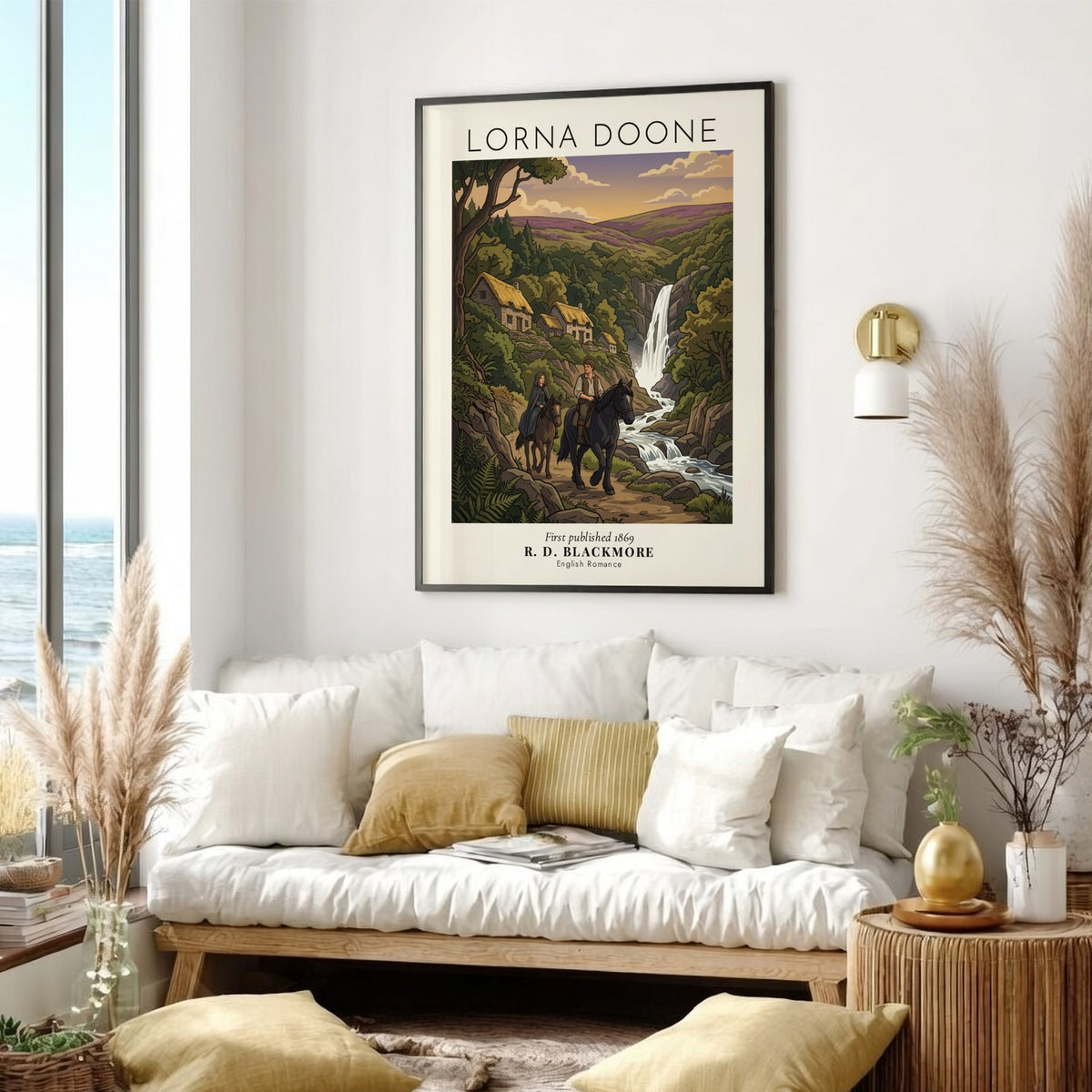 Poster featuring a man and woman riding horses past a waterfall and cottages.