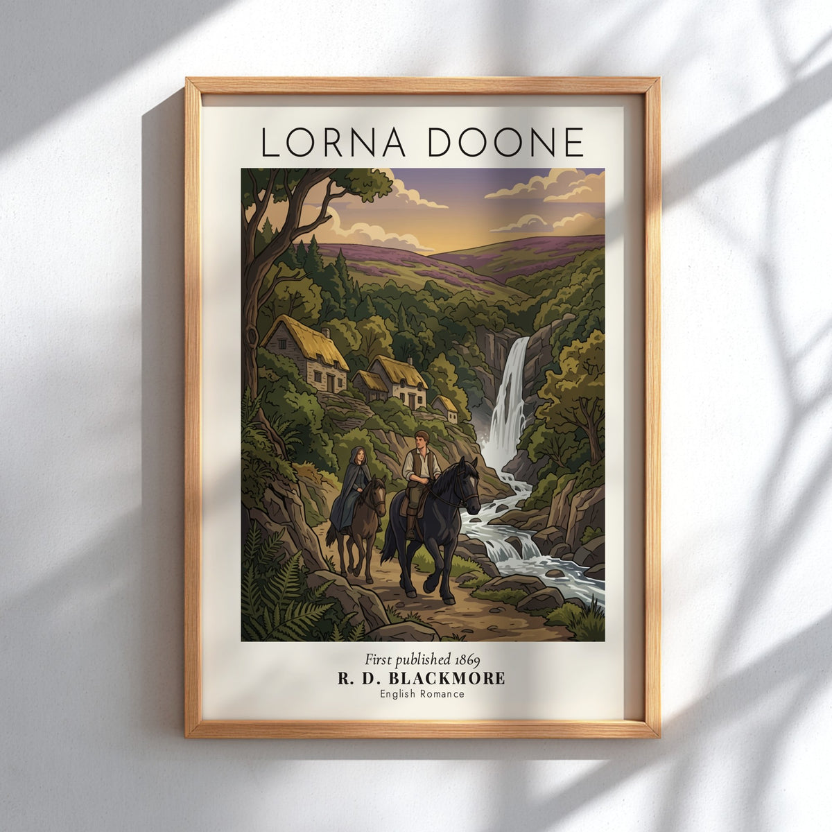 Poster featuring a man and woman riding horses past a waterfall and cottages.