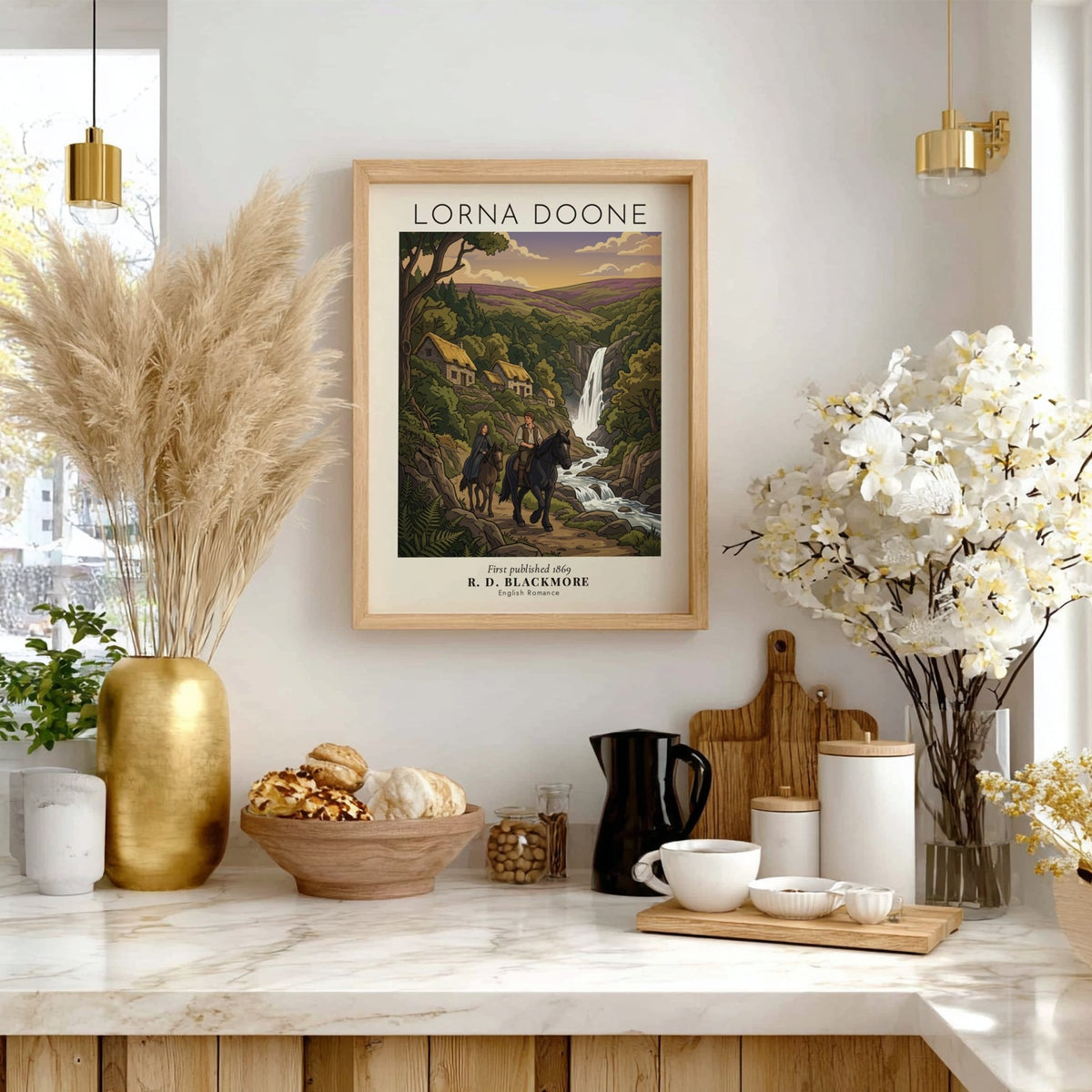 Poster featuring a man and woman riding horses past a waterfall and cottages.