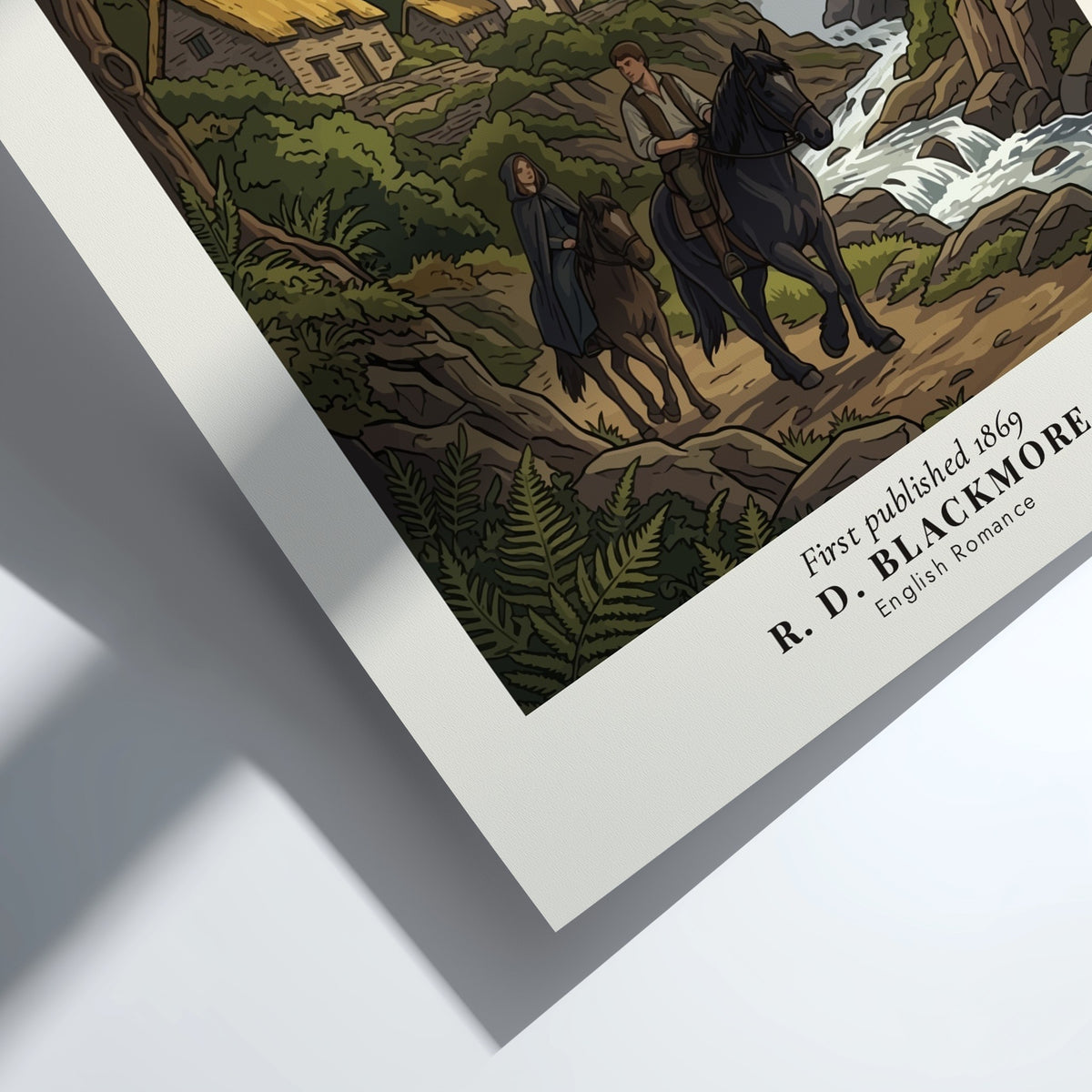 Poster featuring a man and woman riding horses past a waterfall and cottages.