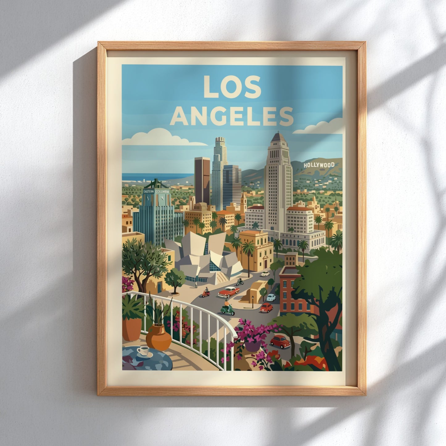Retro Los Angeles skyline poster with colorful buildings, palm trees, and a balcony view.
