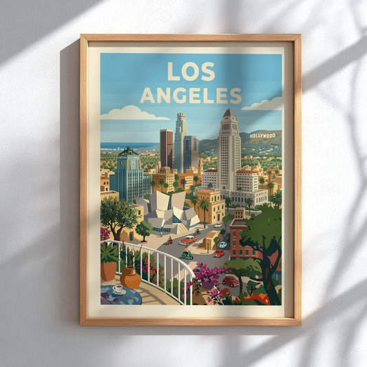 Retro Los Angeles skyline poster with colorful buildings, palm trees, and a balcony view.