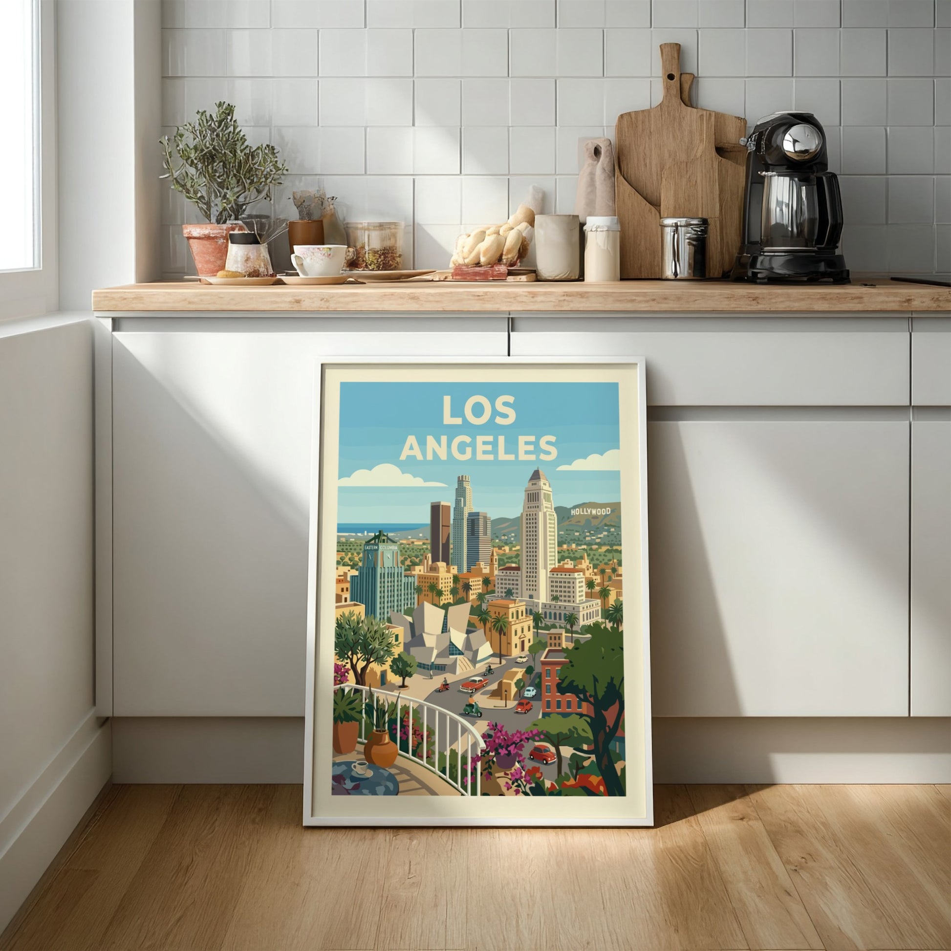 Retro Los Angeles skyline poster with colorful buildings, palm trees, and a balcony view.