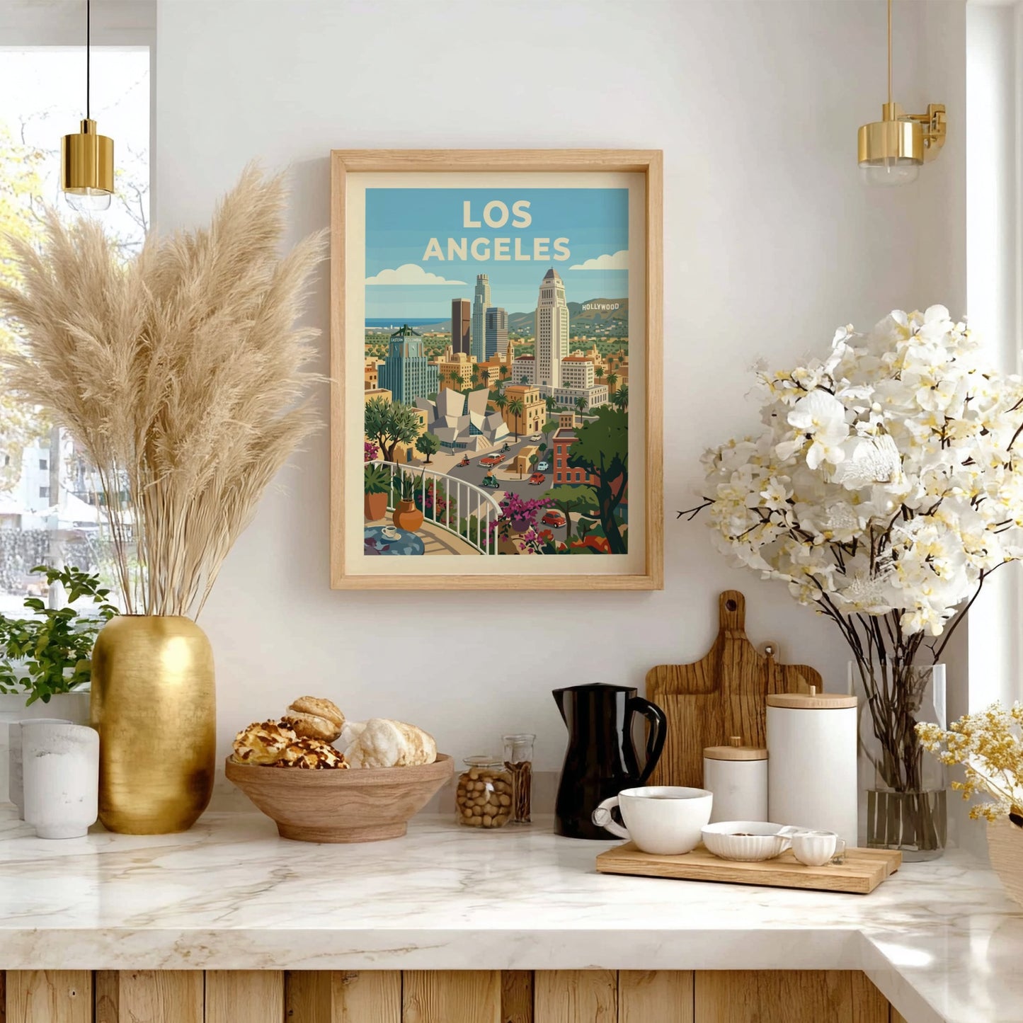 Retro Los Angeles skyline poster with colorful buildings, palm trees, and a balcony view.