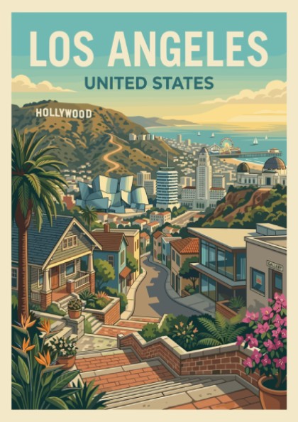 Los Angeles travel poster featuring a stylized cityscape with the Hollywood sign and palm trees.