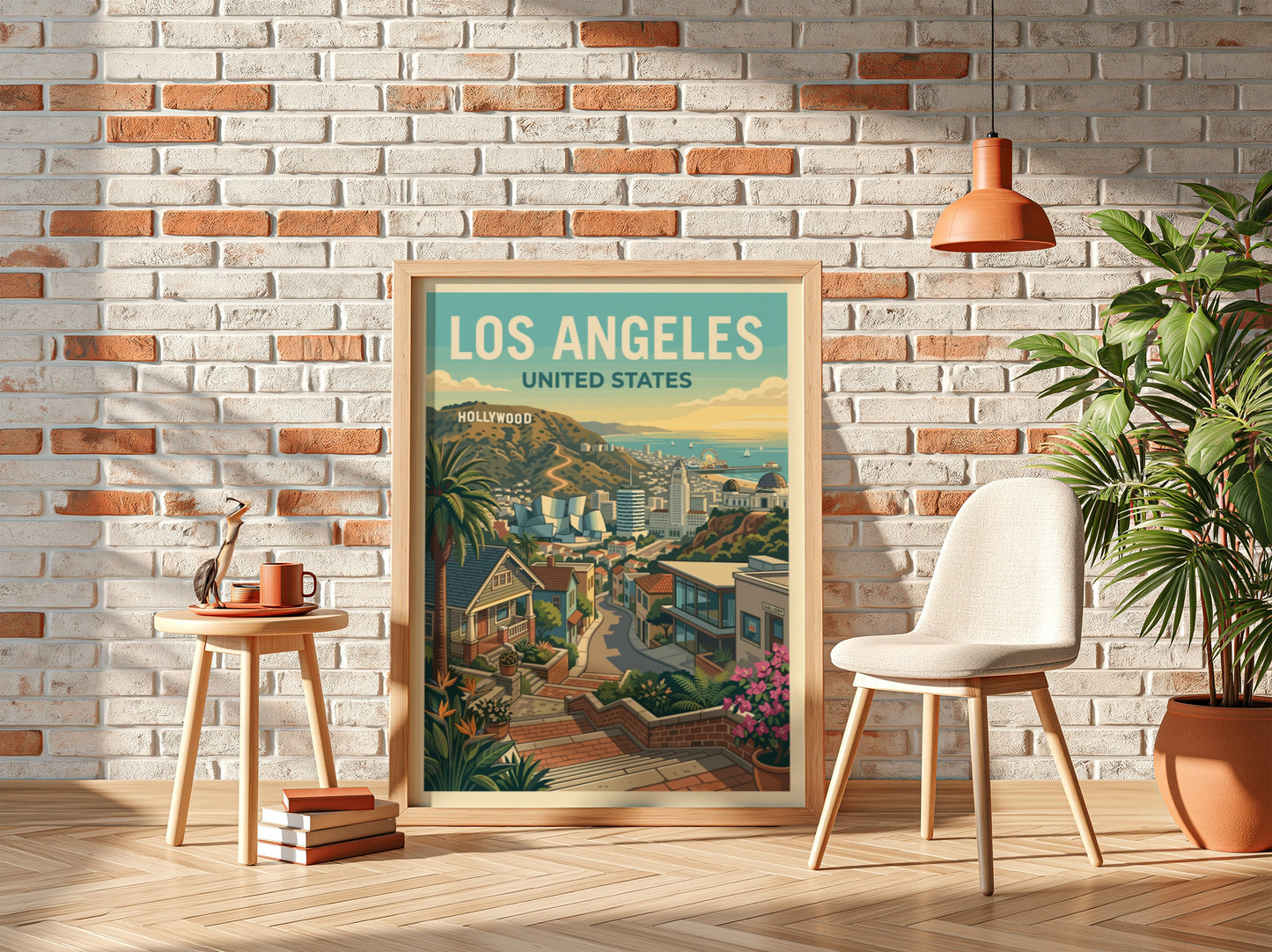 Los Angeles travel poster featuring a stylized cityscape with the Hollywood sign and palm trees.