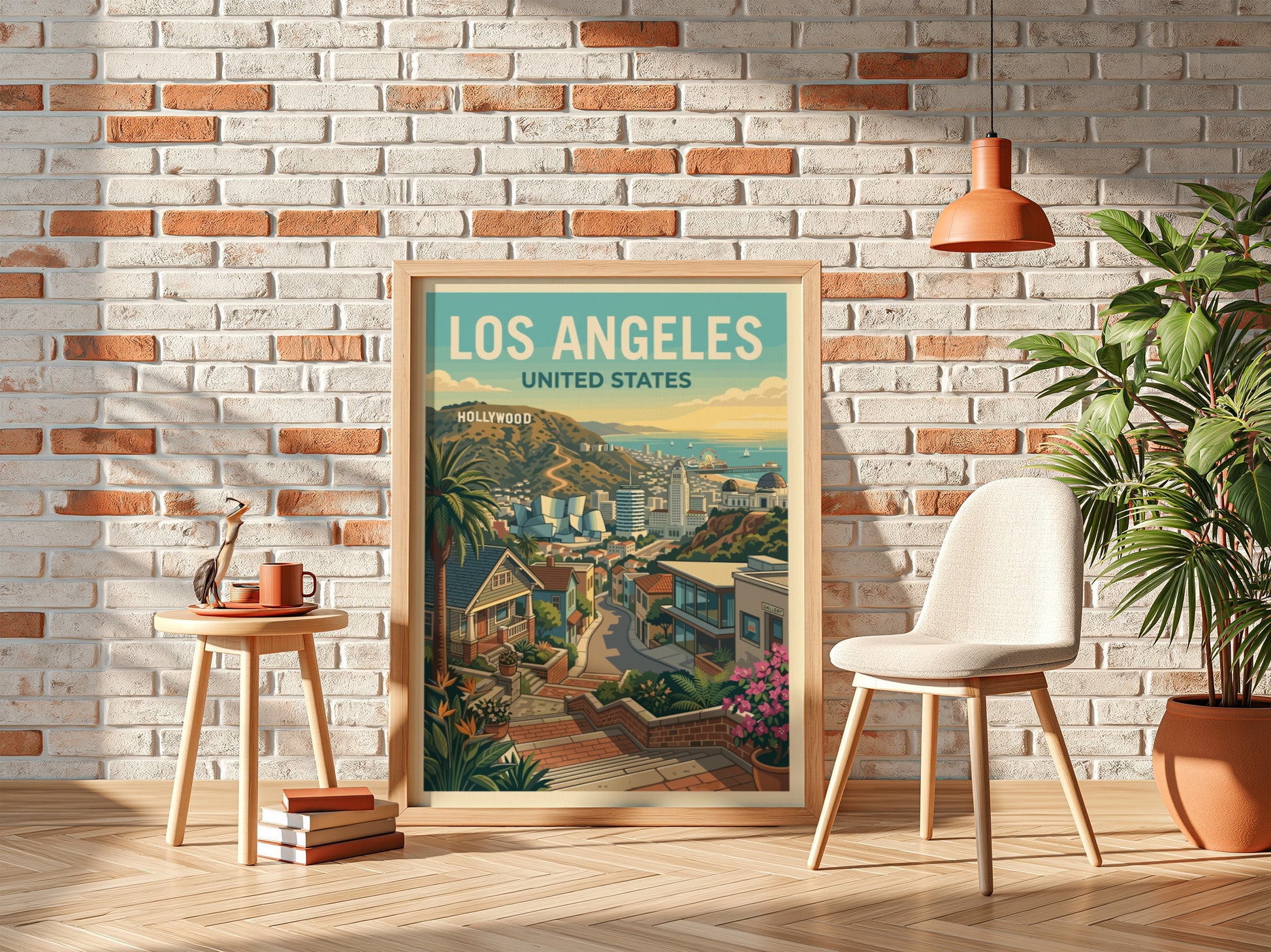 Los Angeles travel poster featuring a stylized cityscape with the Hollywood sign and palm trees.