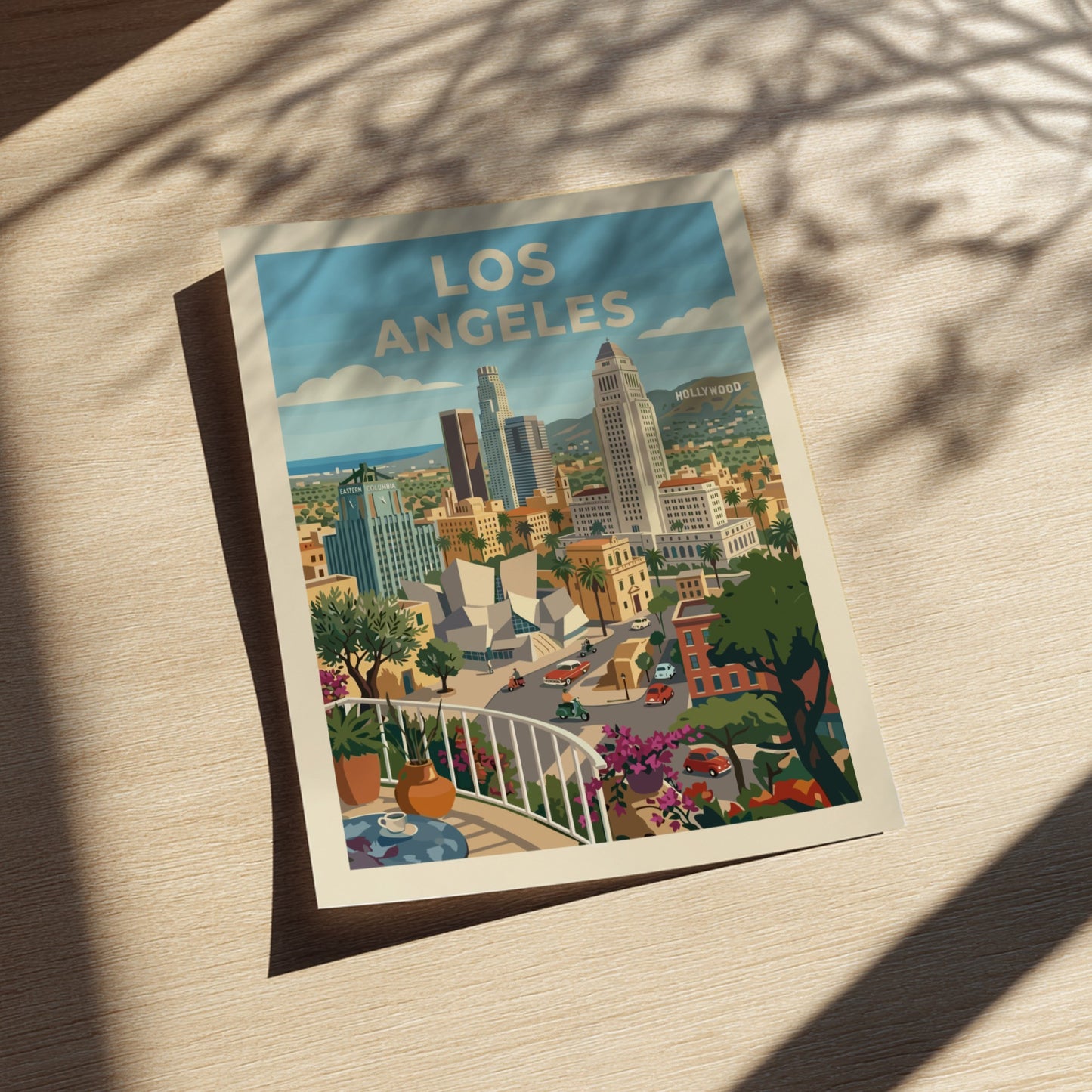 Retro Los Angeles skyline poster with colorful buildings, palm trees, and a balcony view.