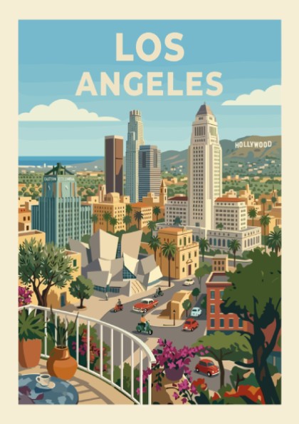 Retro Los Angeles skyline poster with colorful buildings, palm trees, and a balcony view.