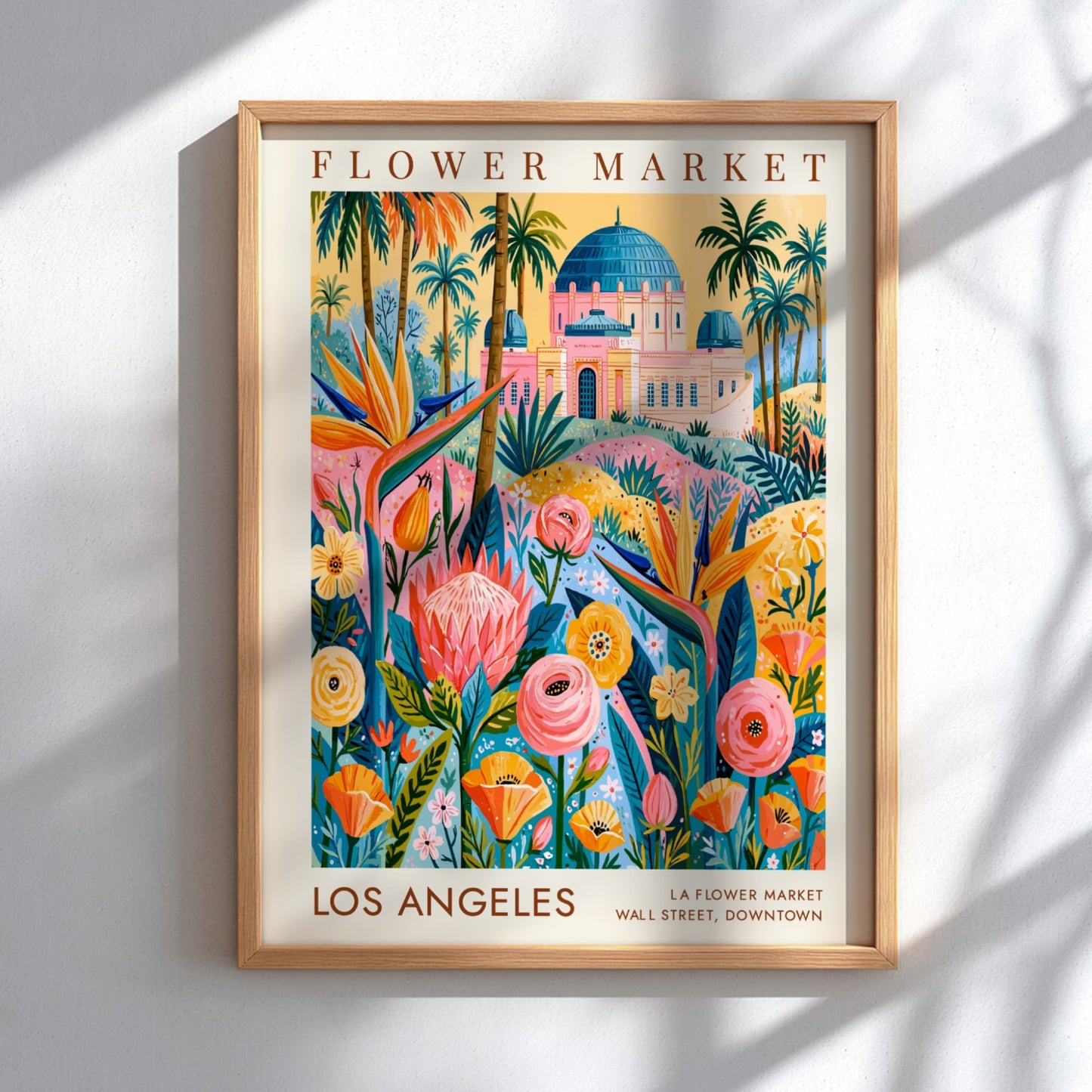 Flower market poster featuring vibrant tropical colors and cityscape elements