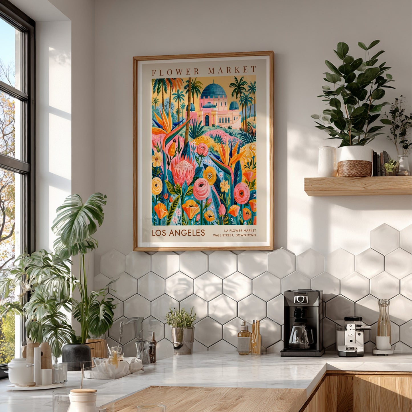 Flower market poster featuring vibrant tropical colors and cityscape elements
