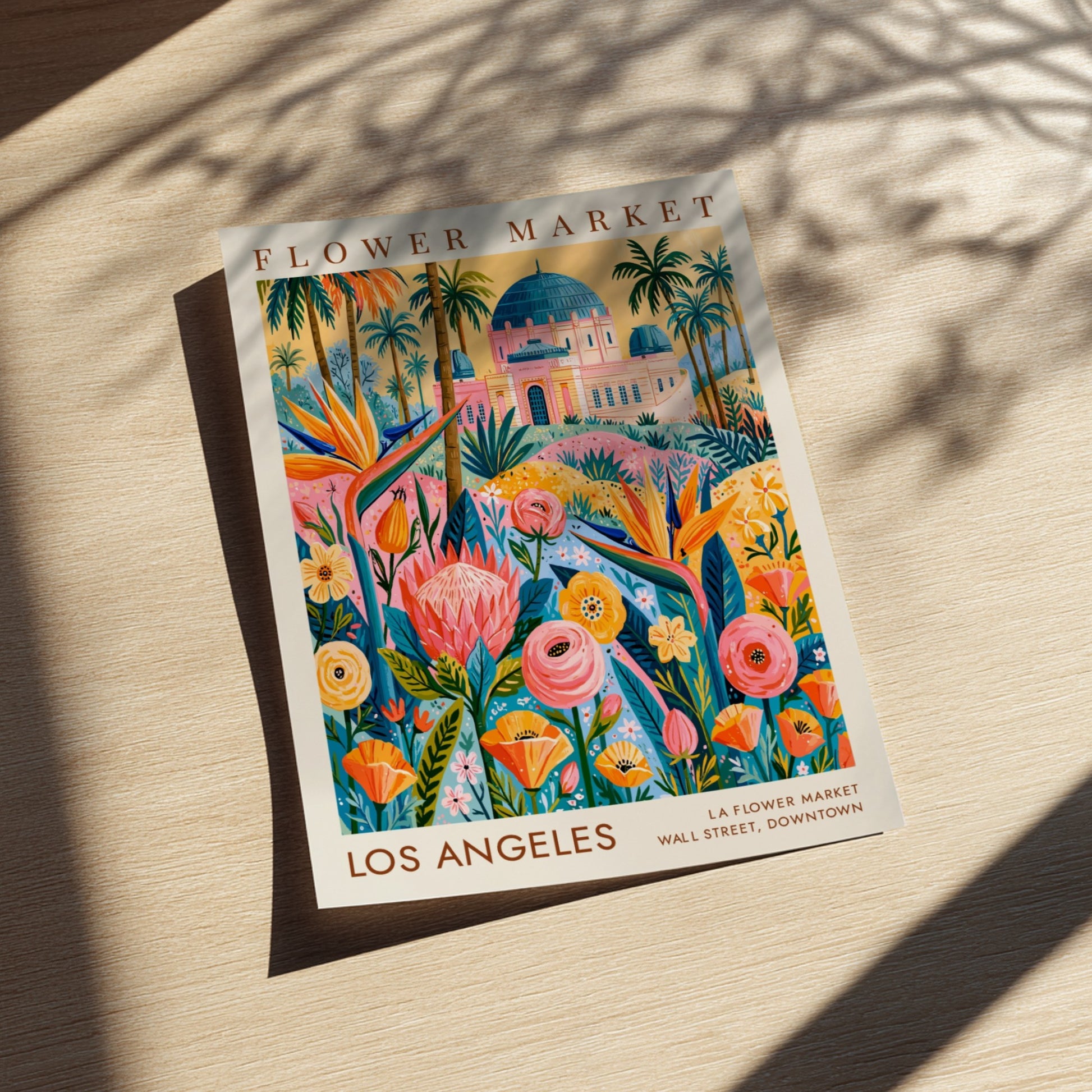 Flower market poster featuring vibrant tropical colors and cityscape elements