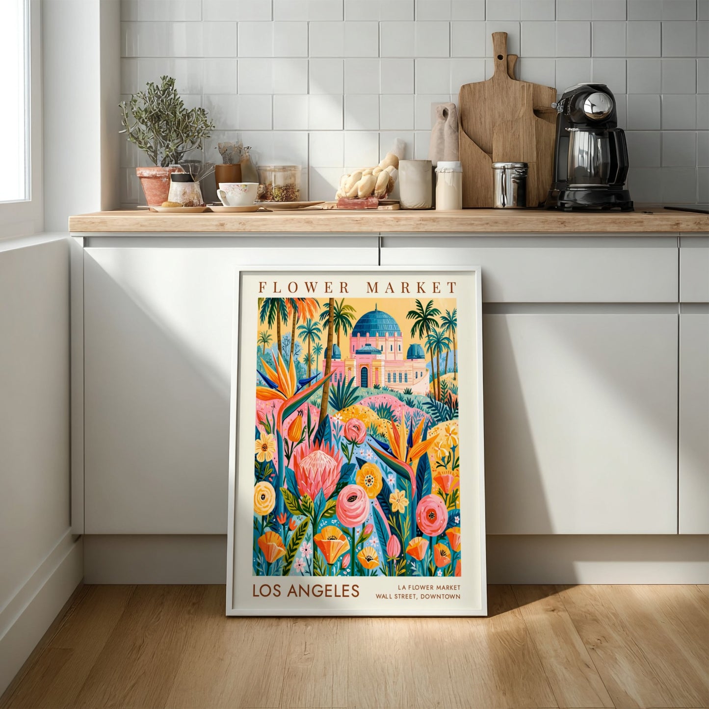 Flower market poster featuring vibrant tropical colors and cityscape elements