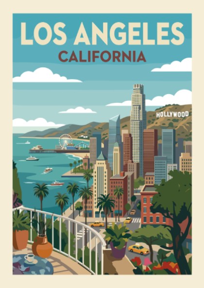 Retro Los Angeles skyline travel poster with iconic landmarks and ocean view, featuring a vibrant color