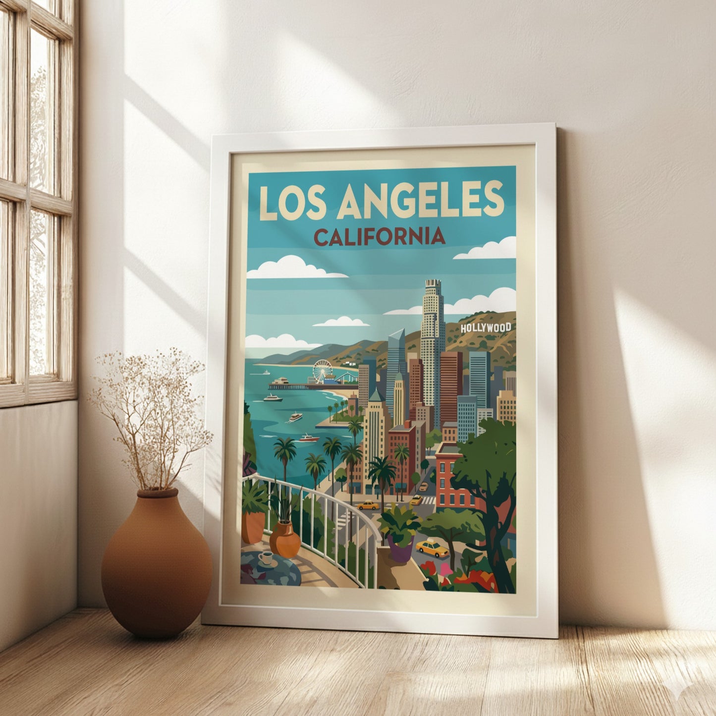 Retro Los Angeles skyline travel poster with iconic landmarks and ocean view, featuring a vibrant color