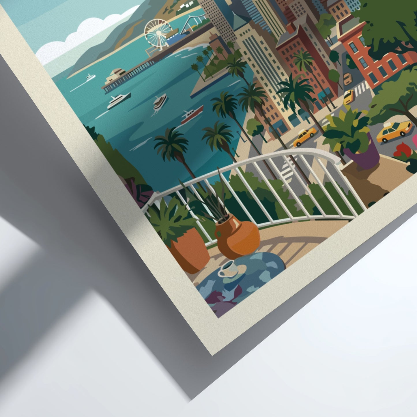 Retro Los Angeles skyline travel poster with iconic landmarks and ocean view, featuring a vibrant color