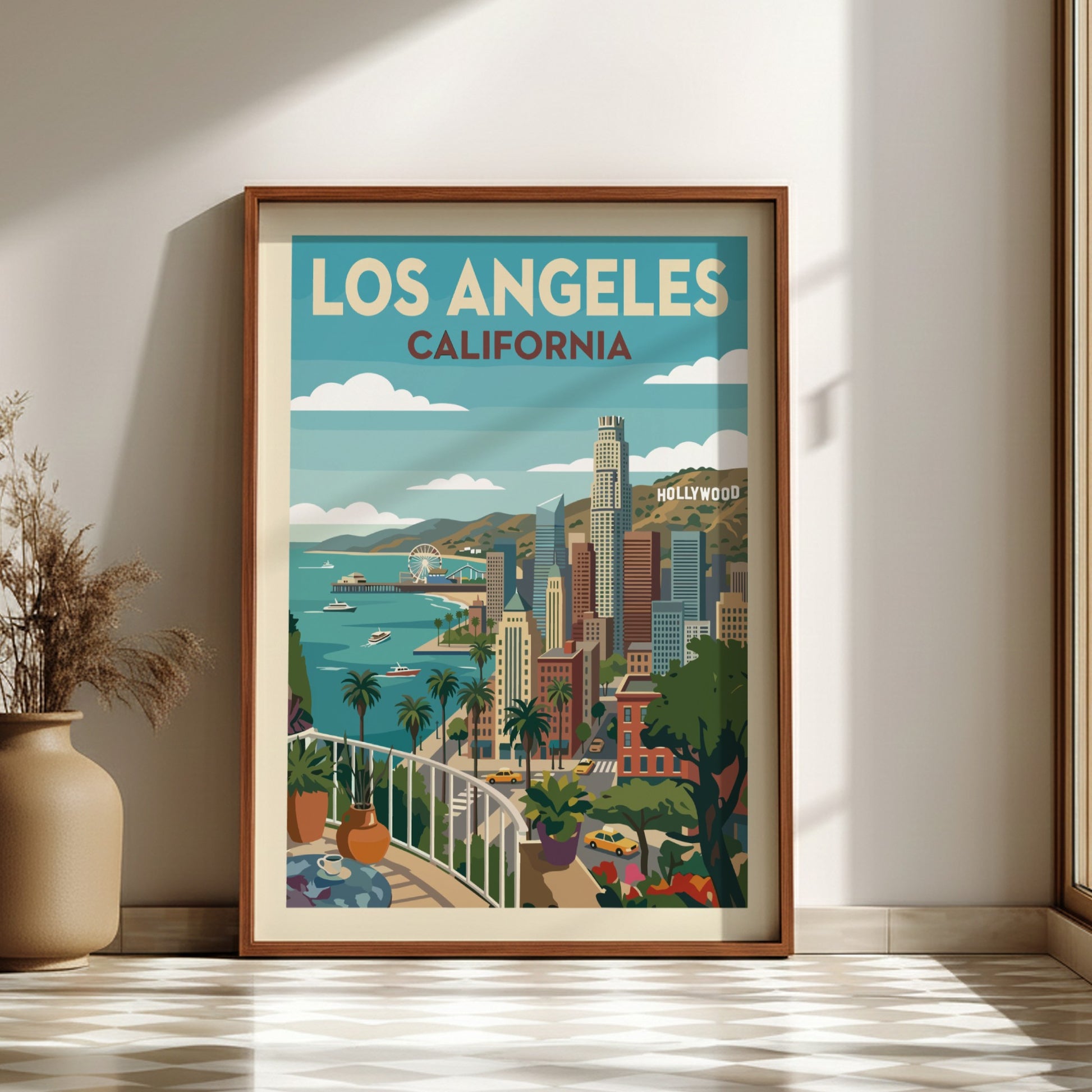 Retro Los Angeles skyline travel poster with iconic landmarks and ocean view, featuring a vibrant color
