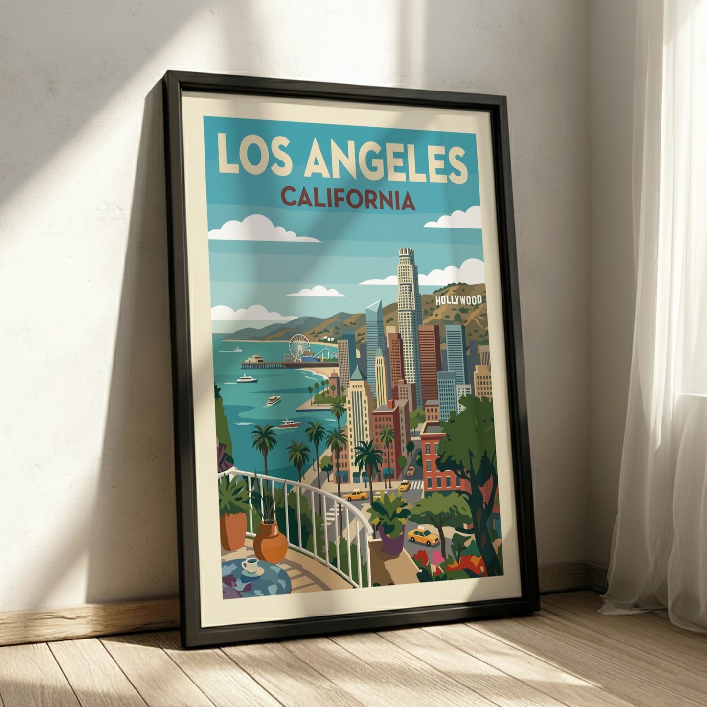 Retro Los Angeles skyline travel poster with iconic landmarks and ocean view, featuring a vibrant color
