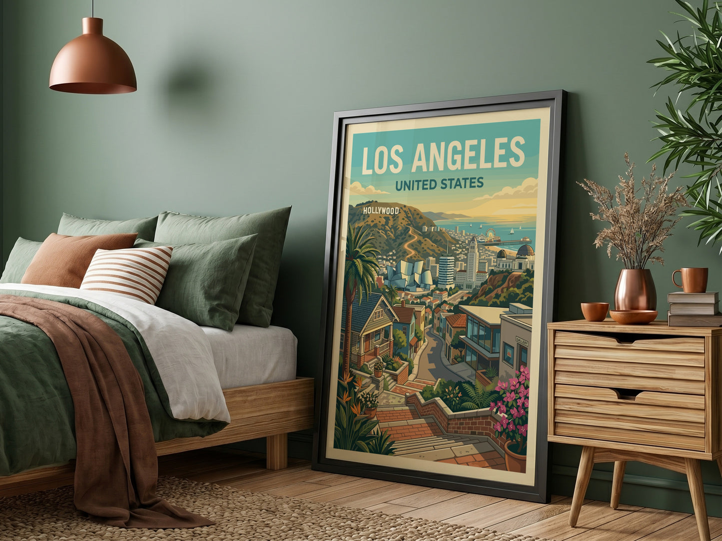 Los Angeles travel poster featuring a stylized cityscape with the Hollywood sign and palm trees.
