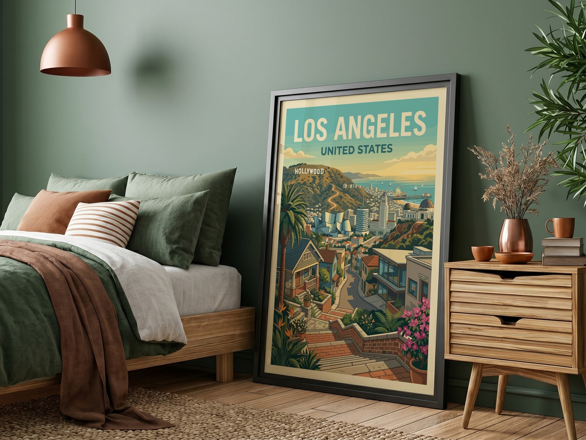 Los Angeles travel poster featuring a stylized cityscape with the Hollywood sign and palm trees.