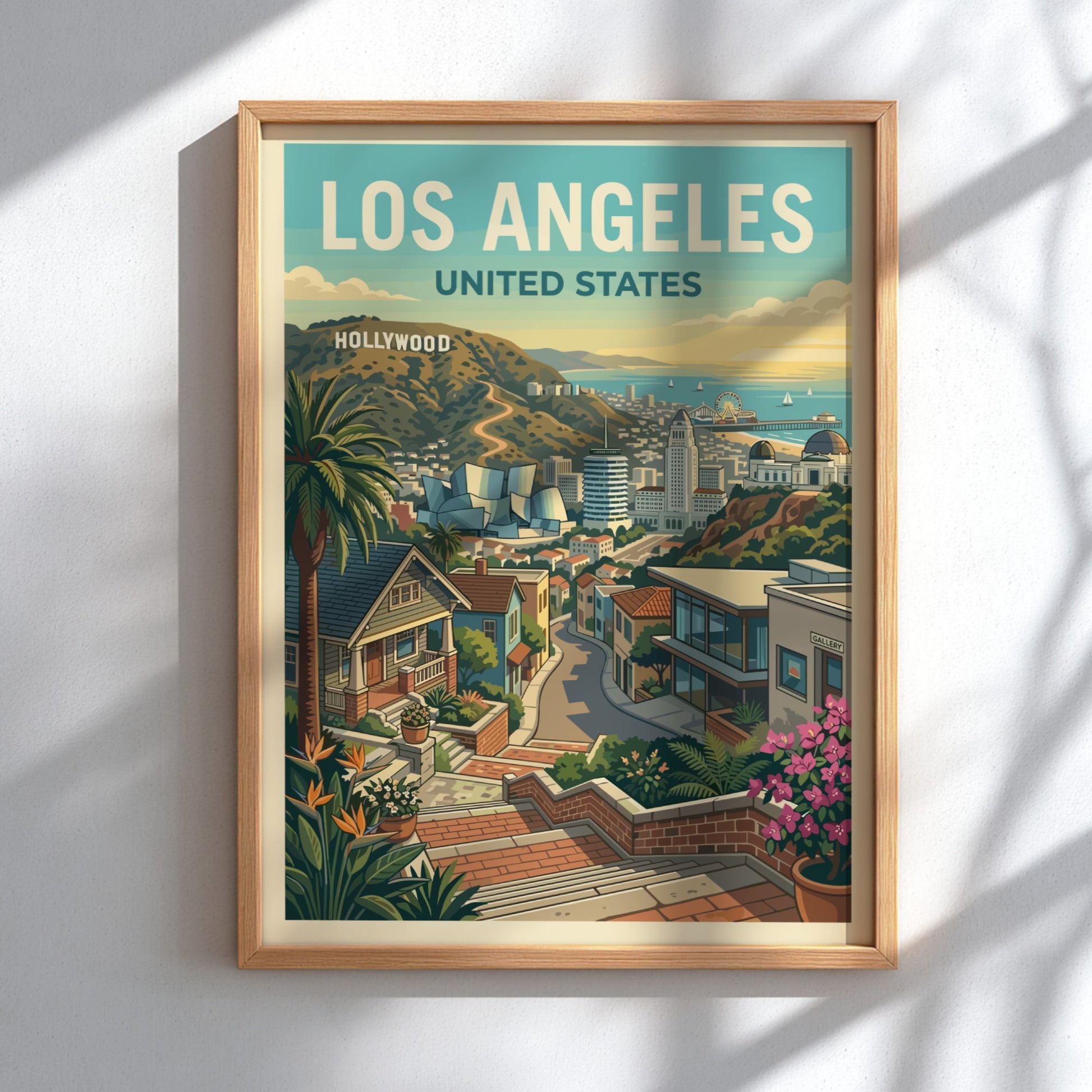 Los Angeles travel poster featuring a stylized cityscape with the Hollywood sign and palm trees.