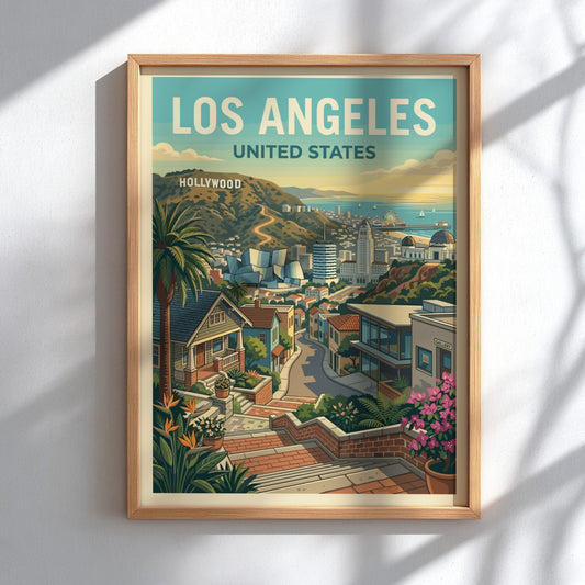 Los Angeles travel poster featuring a stylized cityscape with the Hollywood sign and palm trees.