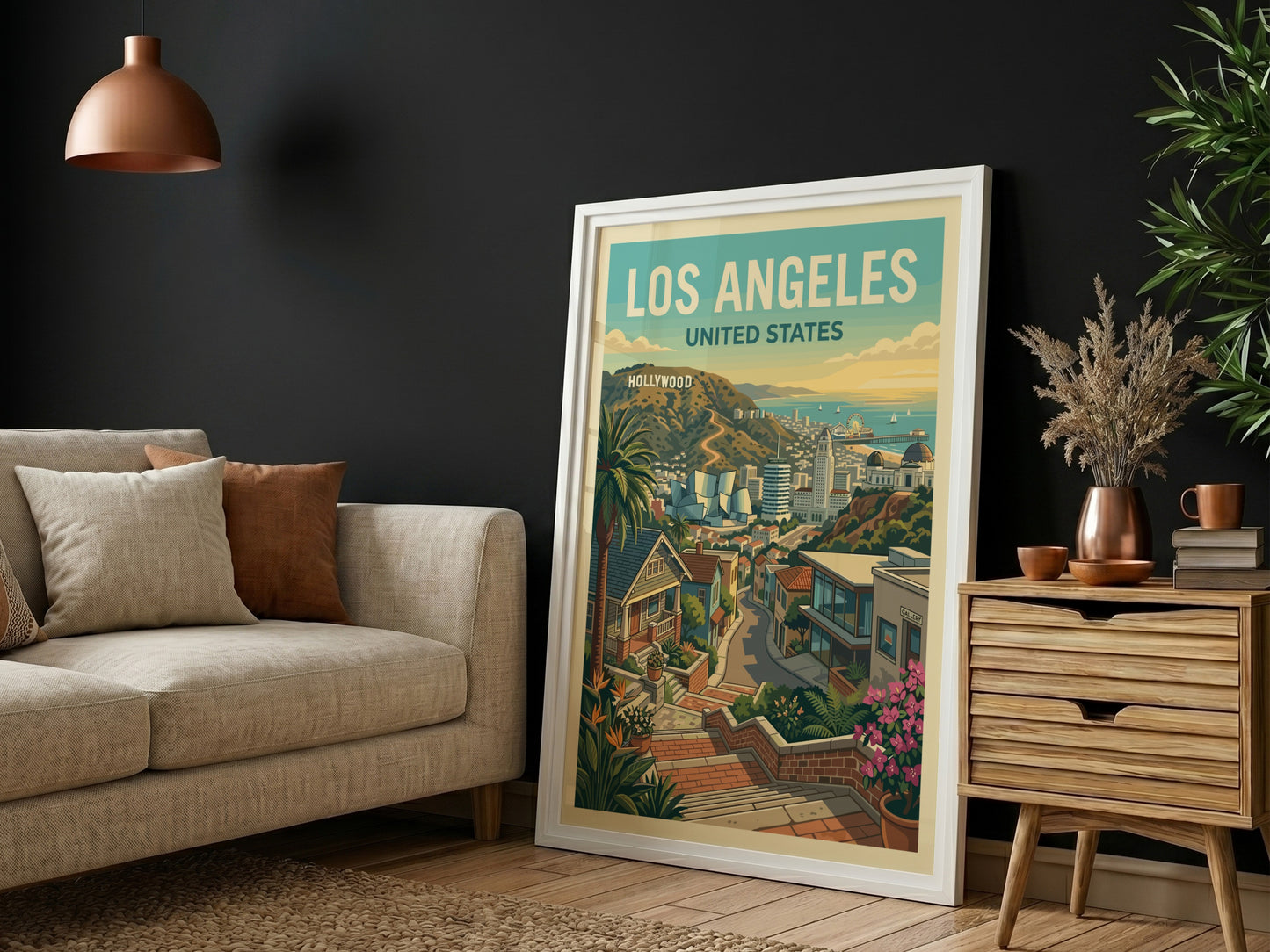 Los Angeles travel poster featuring a stylized cityscape with the Hollywood sign and palm trees.