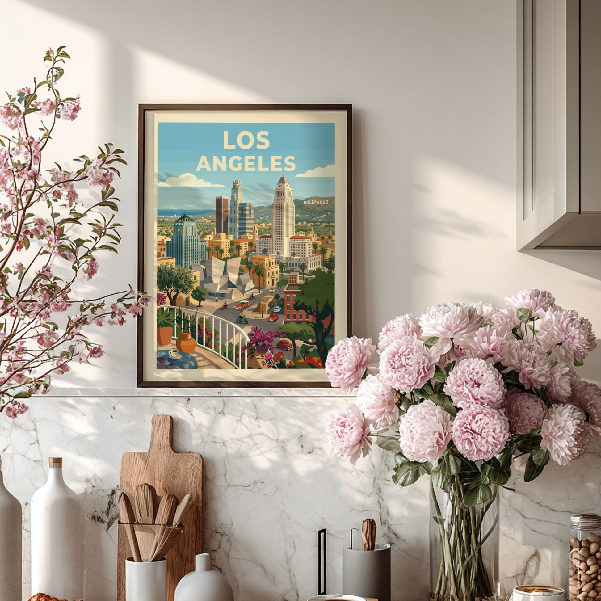 Retro Los Angeles skyline poster with colorful buildings, palm trees, and a balcony view.