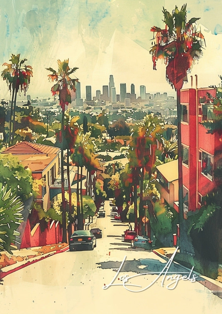 LOS ANGELES WATERCOLOUR TRAVEL POSTER - CITY OF ANGELS ARTWORK