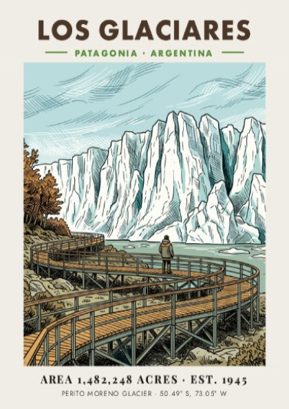 Poster featuring a hiker on a wooden boardwalk looking at Los Glaciares glacier