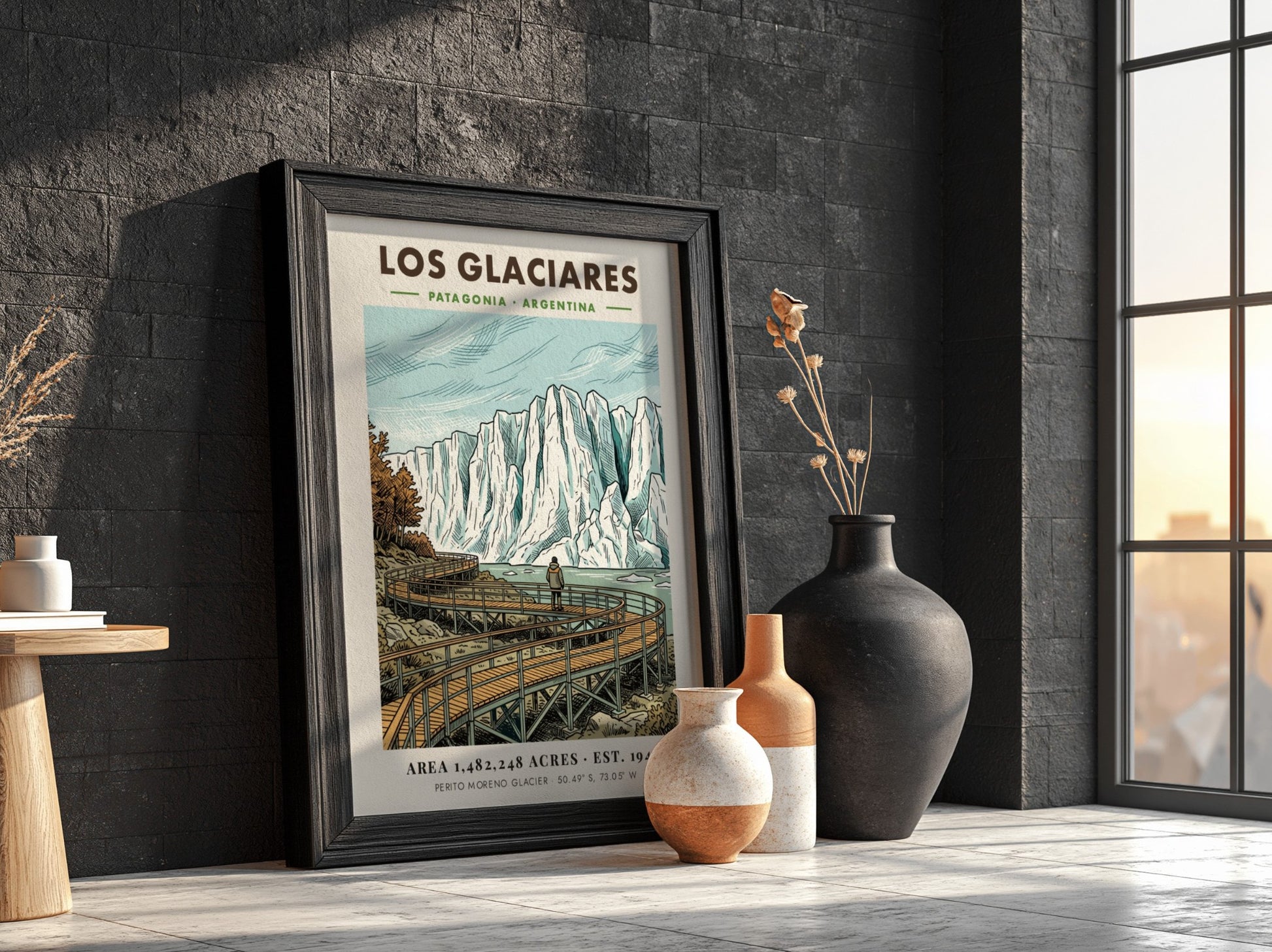 Poster featuring a hiker on a wooden boardwalk looking at Los Glaciares glacier