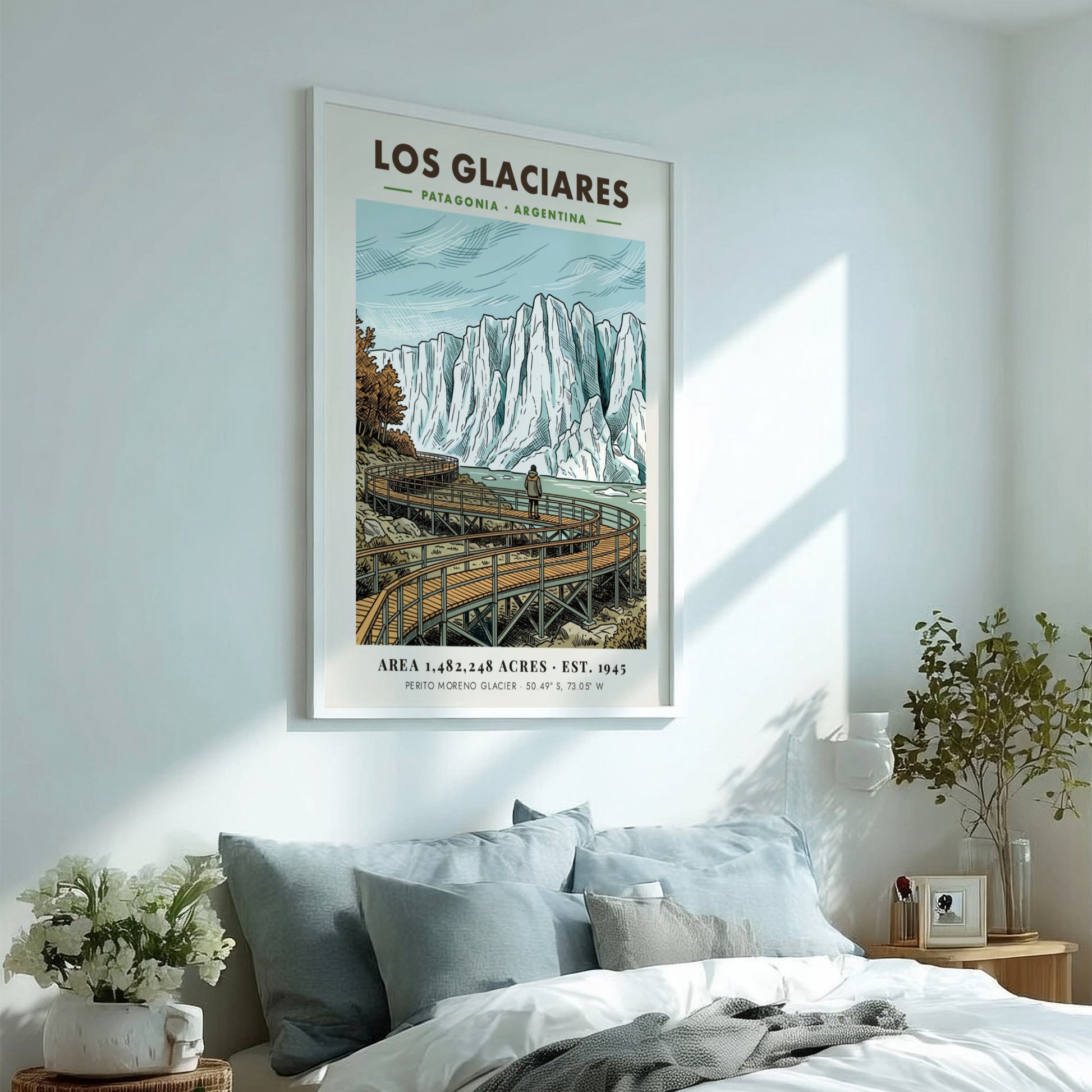 Poster featuring a hiker on a wooden boardwalk looking at Los Glaciares glacier