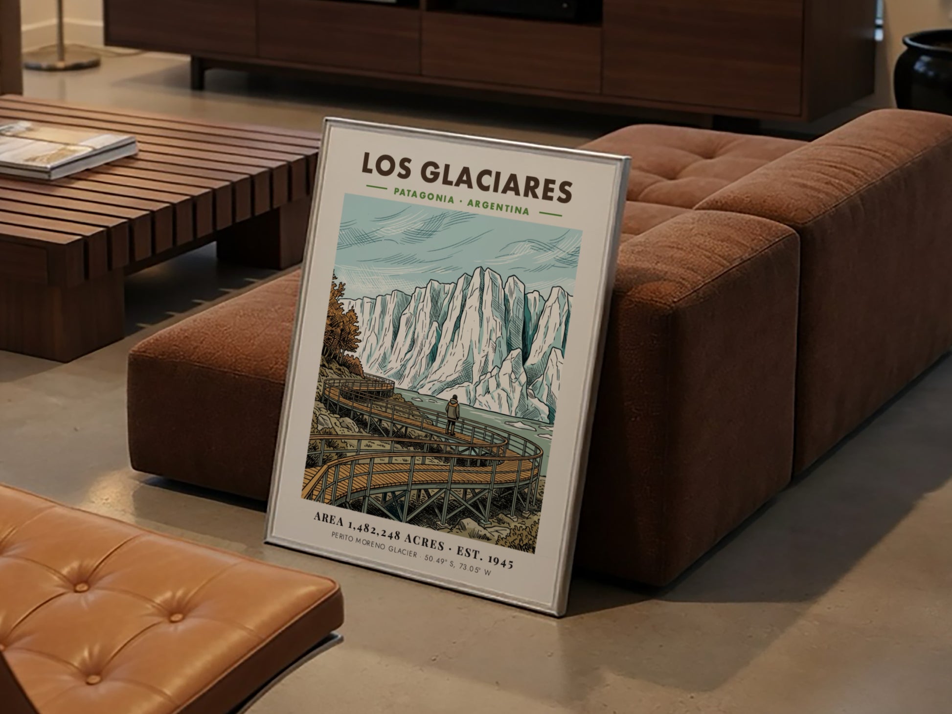 Poster featuring a hiker on a wooden boardwalk looking at Los Glaciares glacier