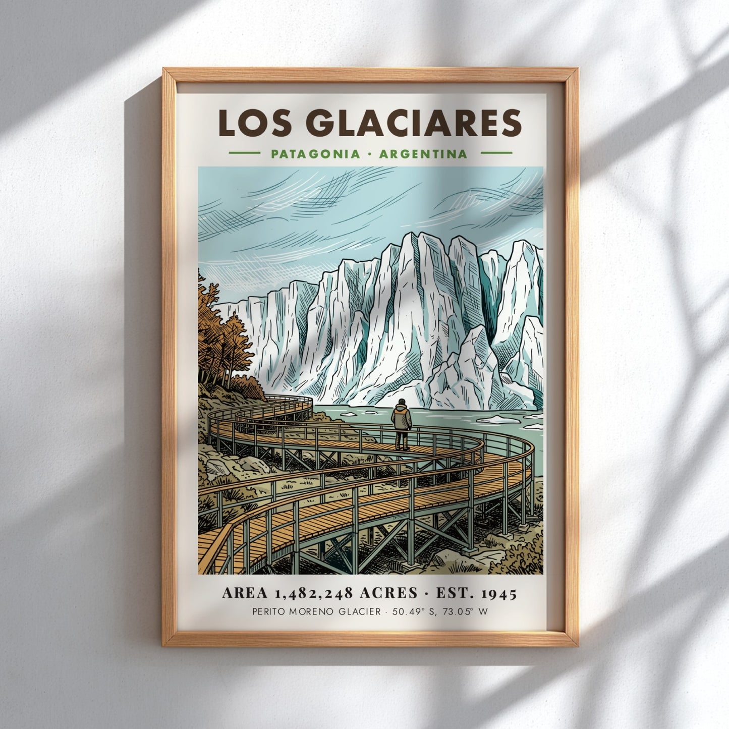 Poster featuring a hiker on a wooden boardwalk looking at Los Glaciares glacier