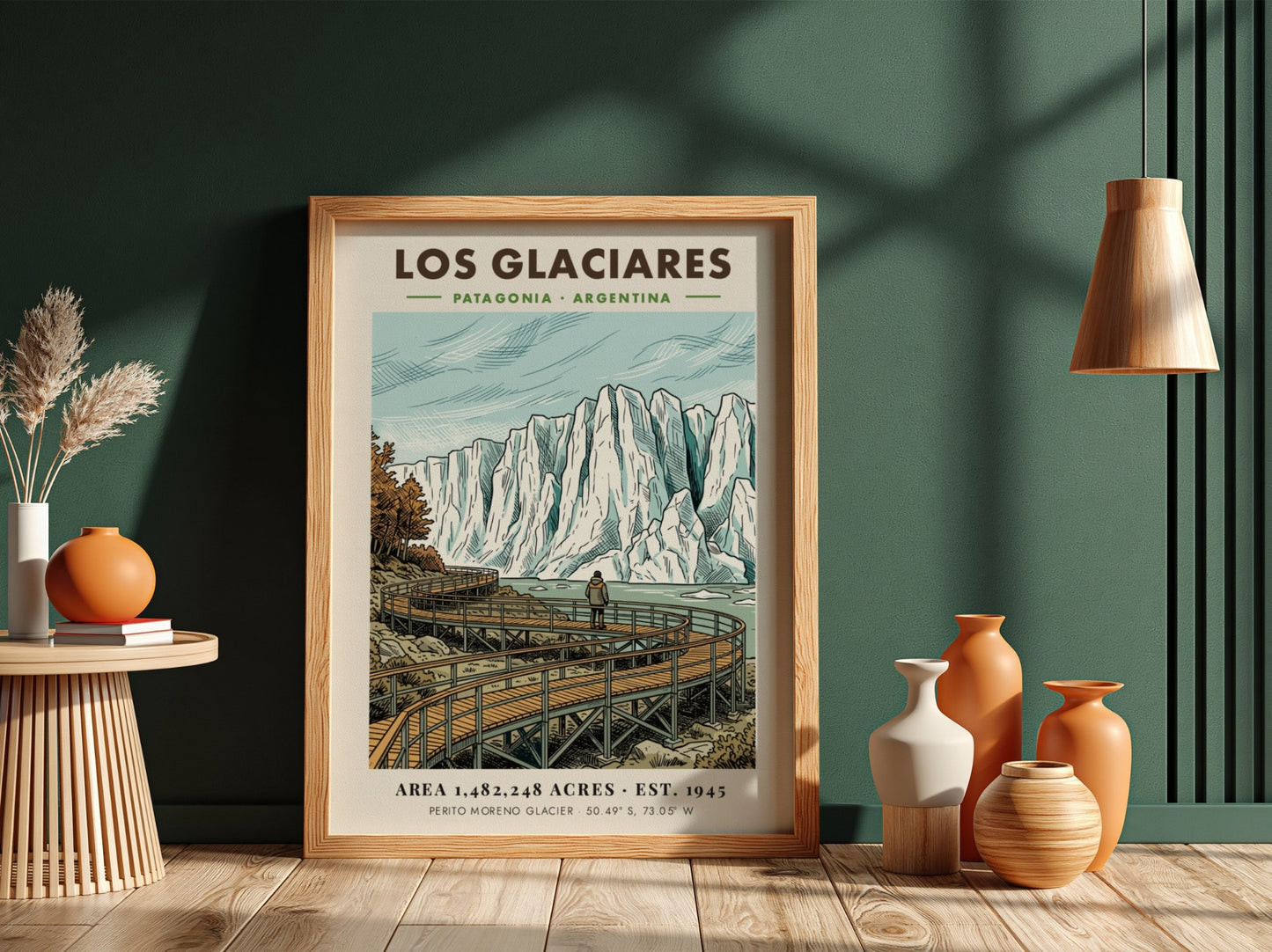 Poster featuring a hiker on a wooden boardwalk looking at Los Glaciares glacier