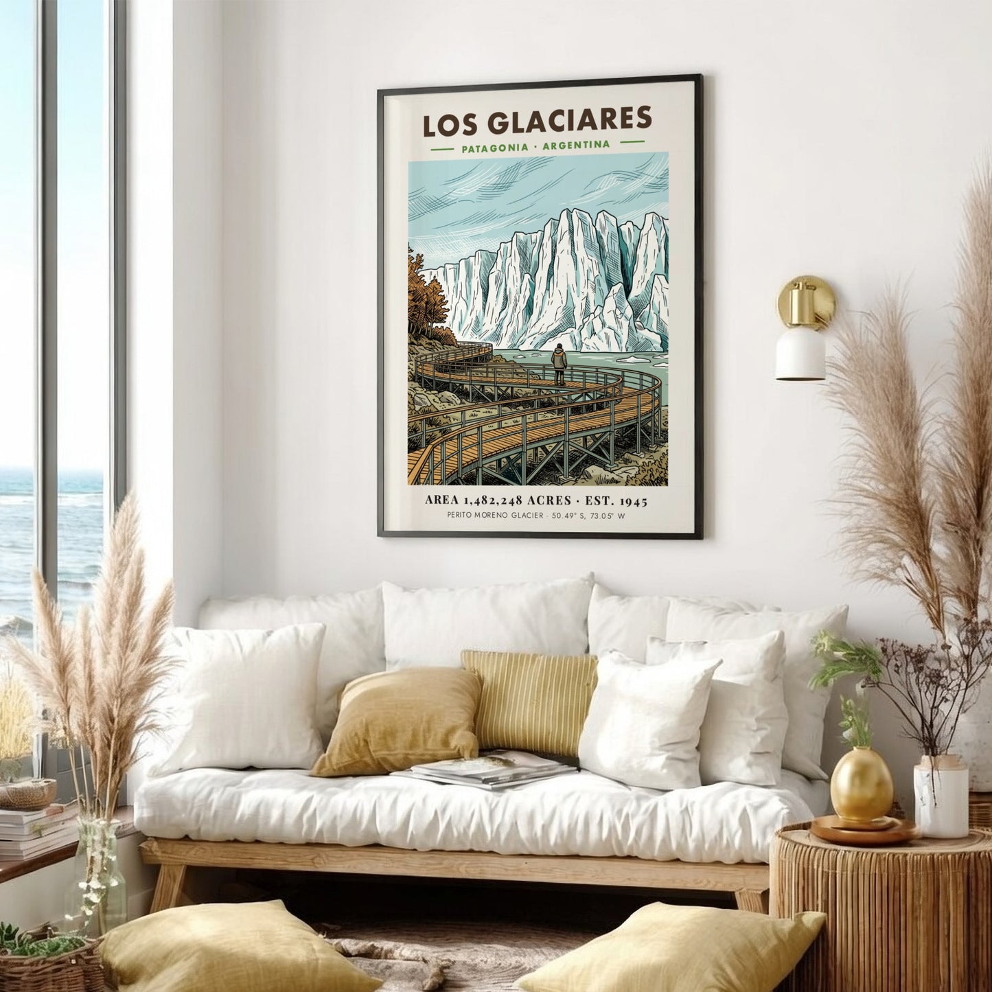 Poster featuring a hiker on a wooden boardwalk looking at Los Glaciares glacier