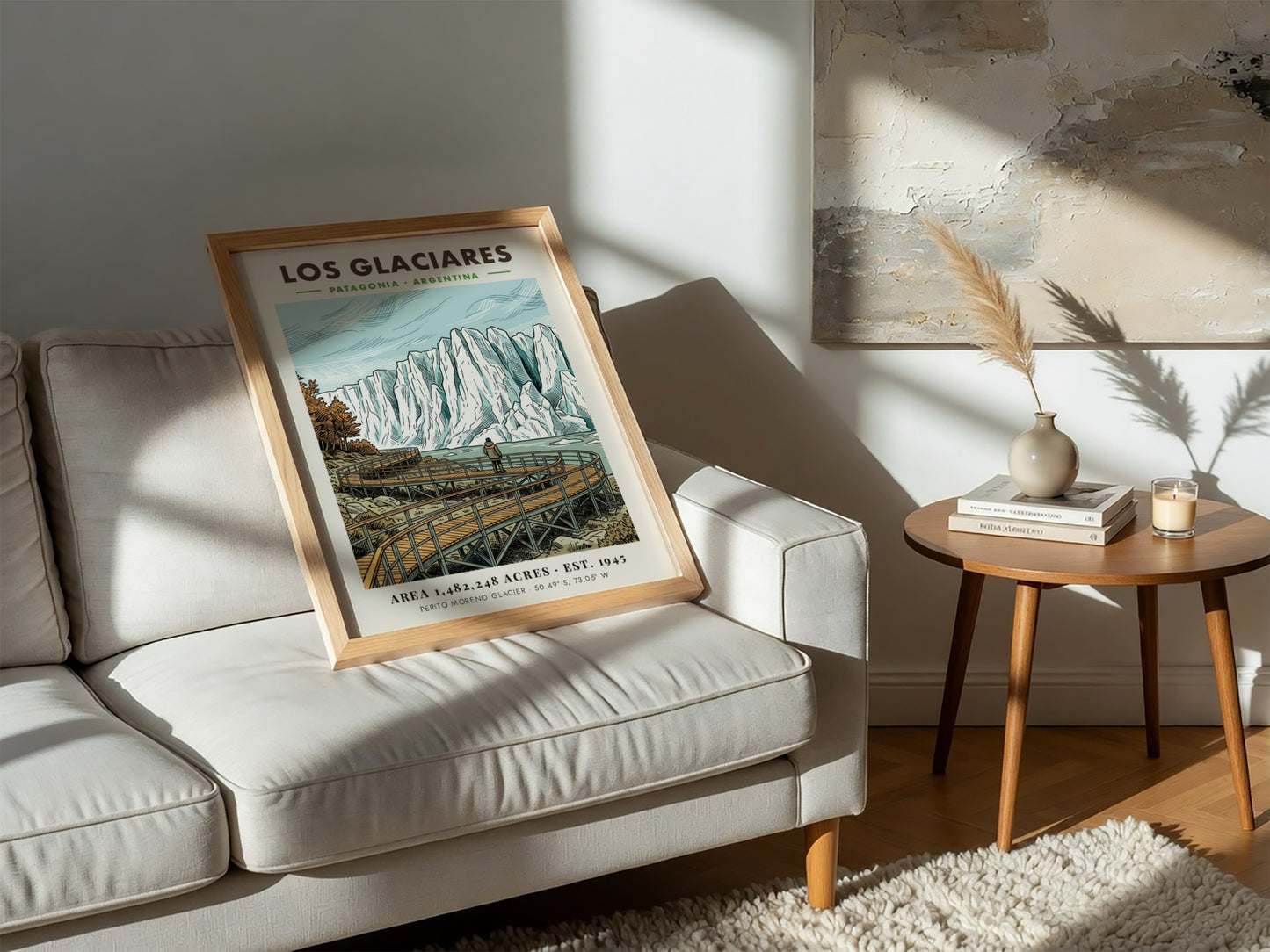 Poster featuring a hiker on a wooden boardwalk looking at Los Glaciares glacier
