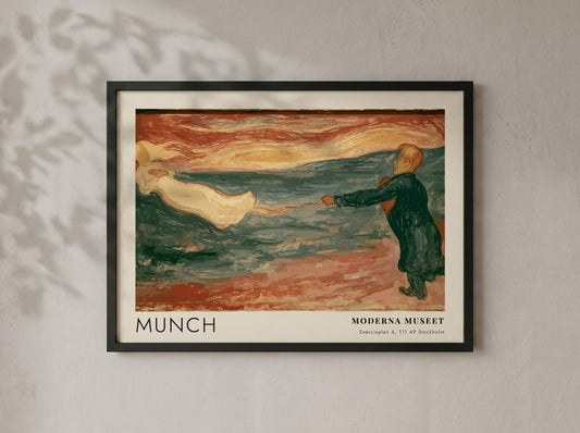 Munch Separation exhibition poster featuring a figure reaching toward a silhouette in blue.