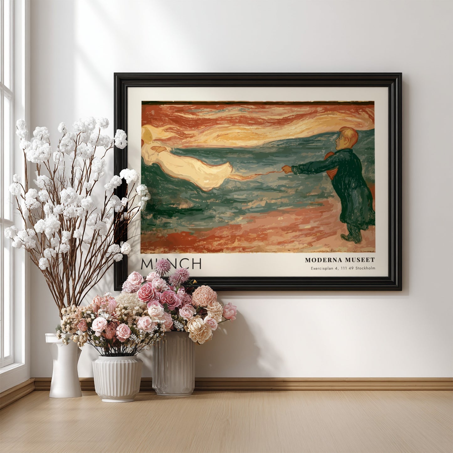 Munch Separation exhibition poster featuring a figure reaching toward a silhouette in blue.