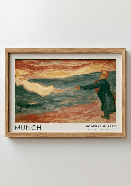Munch Separation exhibition poster featuring a figure reaching toward a silhouette in blue.