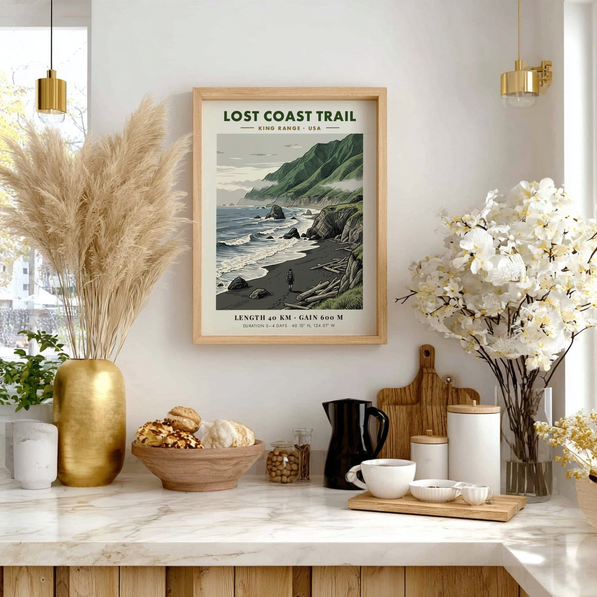Lost Coast Trail poster featuring a lone hiker on a dark sandy beach.