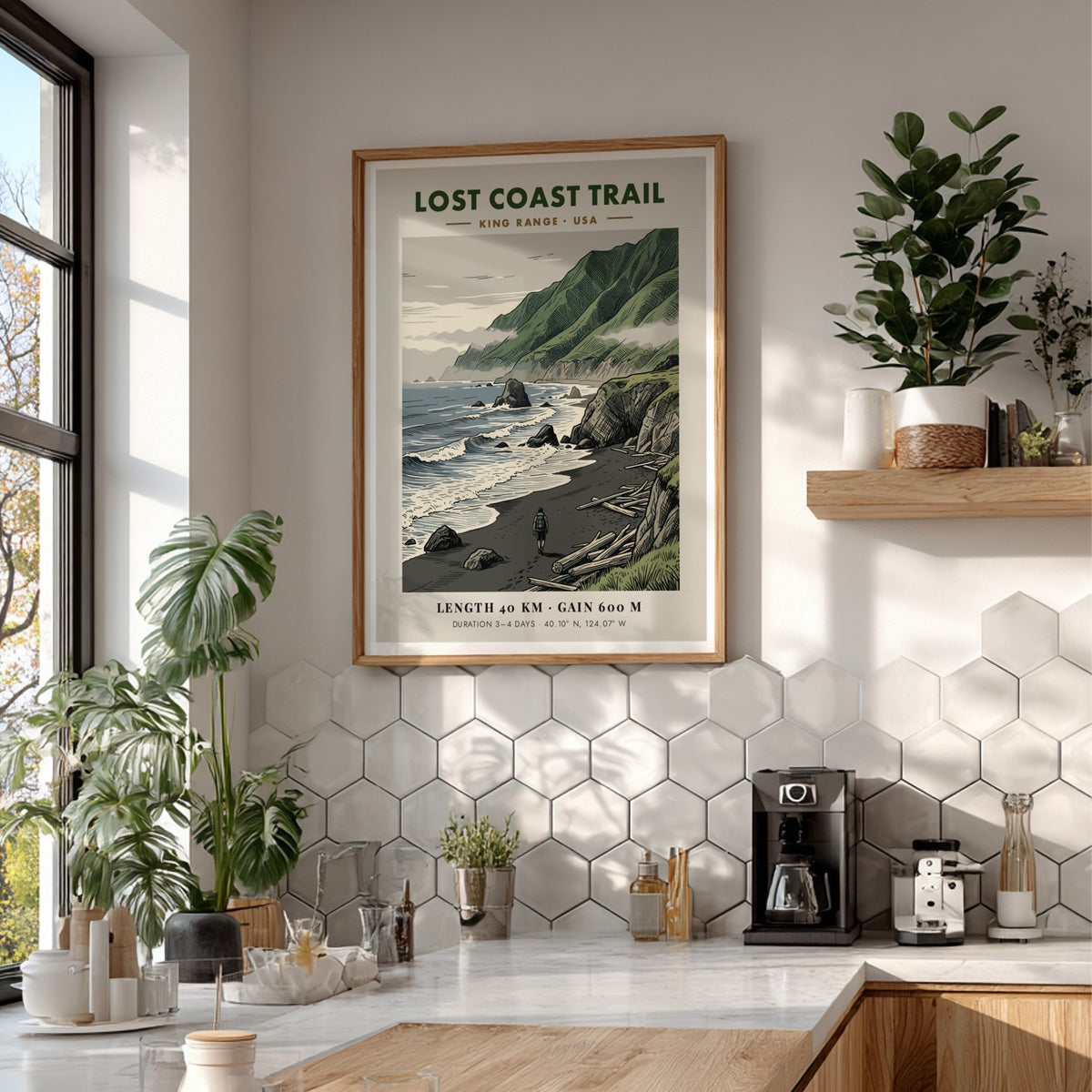 Lost Coast Trail poster featuring a lone hiker on a dark sandy beach.