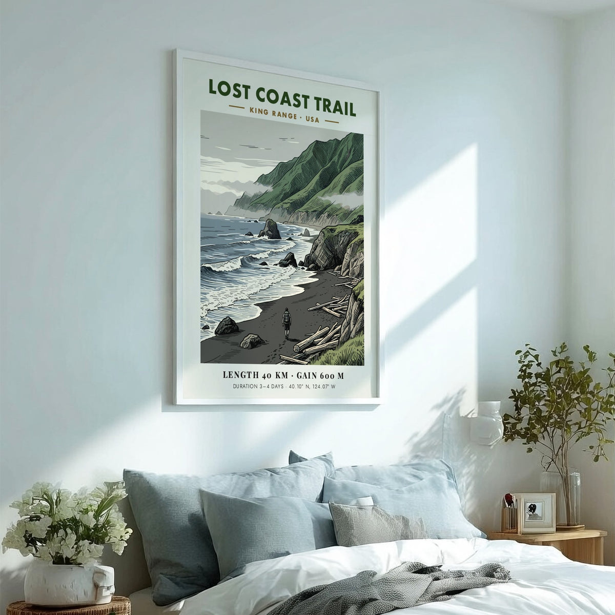 Lost Coast Trail poster featuring a lone hiker on a dark sandy beach.