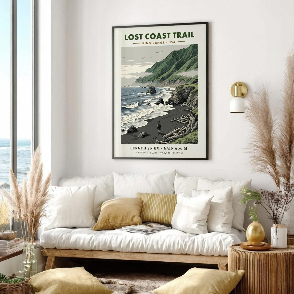 Lost Coast Trail poster featuring a lone hiker on a dark sandy beach.