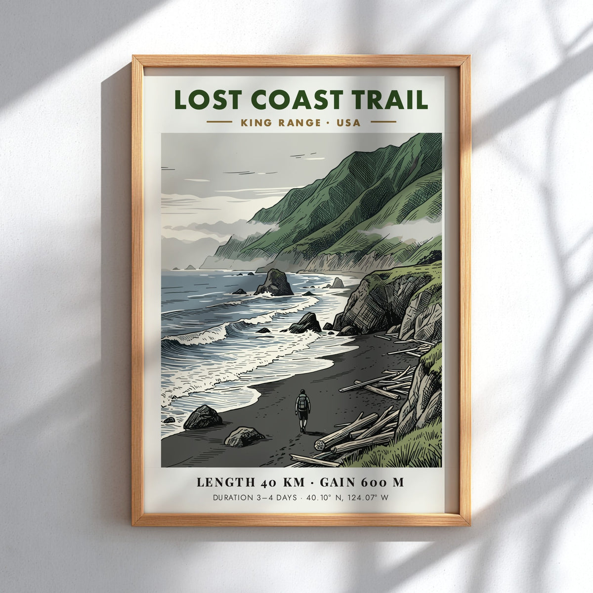 Lost Coast Trail poster featuring a lone hiker on a dark sandy beach.