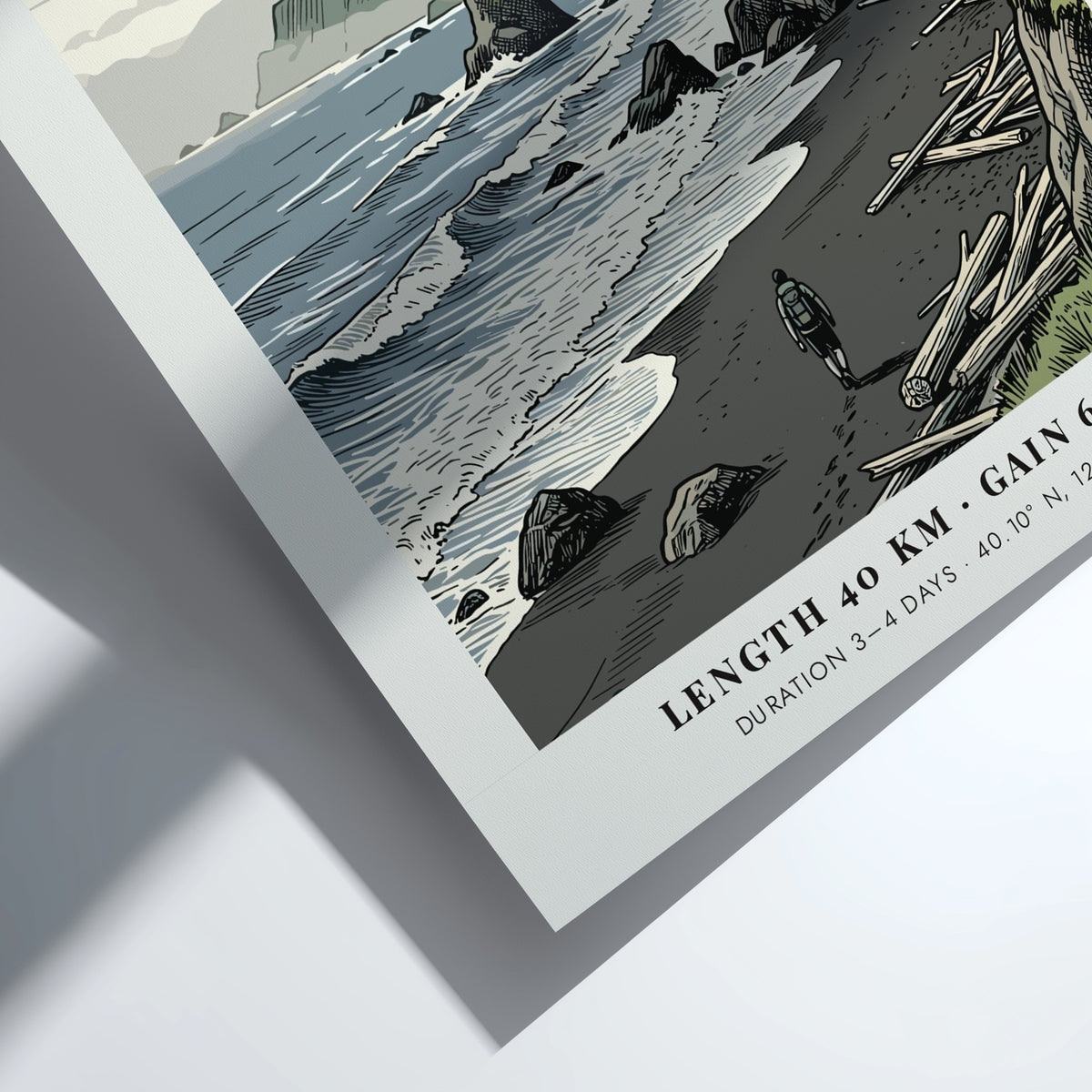 Lost Coast Trail poster featuring a lone hiker on a dark sandy beach.