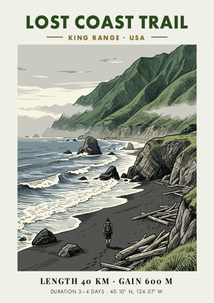 Lost Coast Trail poster featuring a lone hiker on a dark sandy beach.